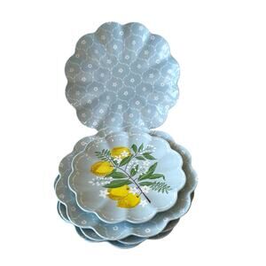 Laura Ashley Melamine Salad Dinner Plate Set of 8 Scalloped Blue Lemons NEW